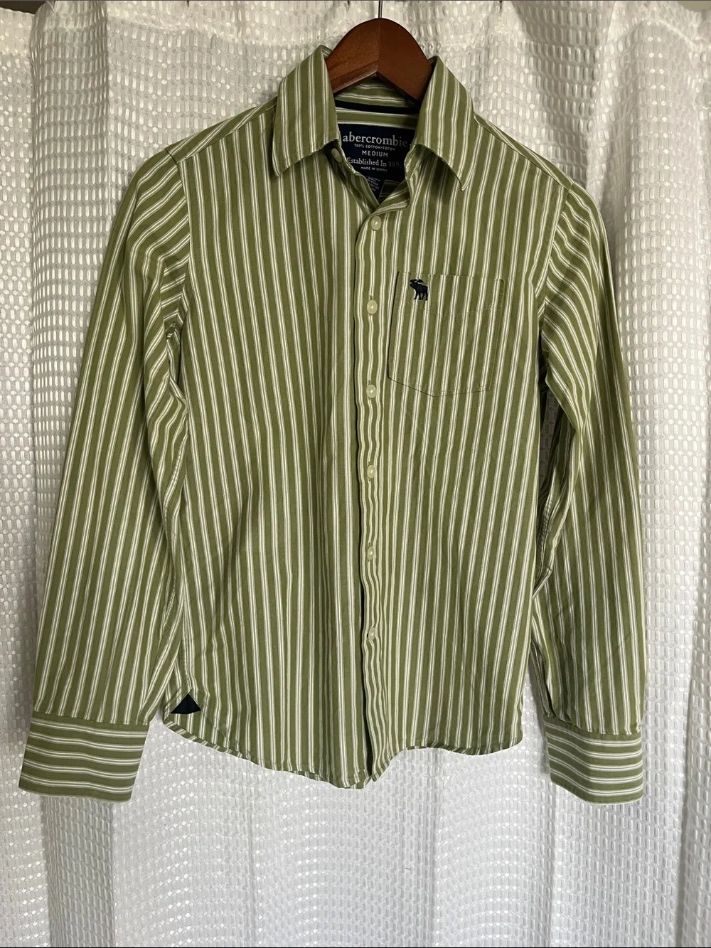 Abercrombie Women's Green White Stripe Button Shirt Cotton Medium Fitted